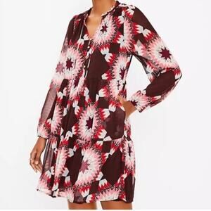 Loft Size Small Patchwork Tie Neck Boho Swing Dress with Pockets